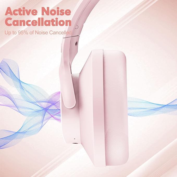 ZIHNIC Active Noise Cancelling Headphones, 60H Playtime Wireless Bluetooth Headset Low Latency-Pink