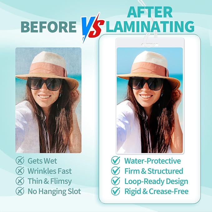 Binditek 100 Pack 10 Mil Thermal Laminating Pouches, 2.5 x 4.25 Inches with Hole and Loops, for Luggage Tags, Ultra Clear, Heat Seal, Glossy, for Office and Home Use