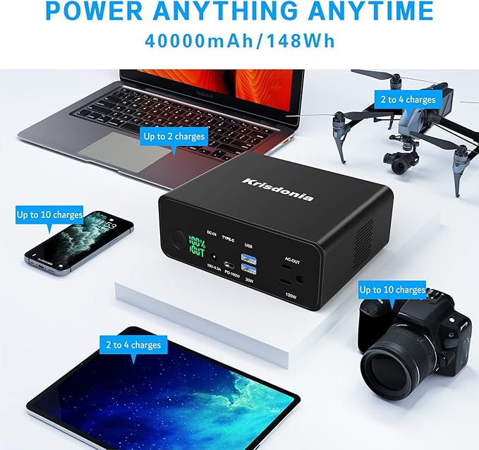 Krisdonia 130W Portable Power Bank, 148WH/40000mAh Portable Laptop Charger Battery Backup with 110V AC Socket/ 100W Type-C Port/2 USB QC3.0 for CPAP Outdoor Camping Trip Hunting Emergency