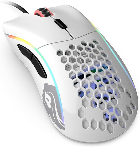 Glorious Gaming Model D- (Minus) Wired Gaming Mouse - 61g Superlight Honeycomb Design, RGB, Ergonomic, Pixart 3360 Sensor, Omron Switches, PTFE Feet, 6 Buttons - Glossy White