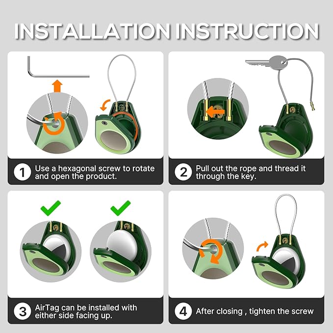 Waterproof AirTag Holder - (4 Pack) Air tag Lock Keychain with Wire Cable Compatible with Apple AirTags, Ultra Durable Anti-Lost Protective Case for Luggage, Key, Backpack,Avocado