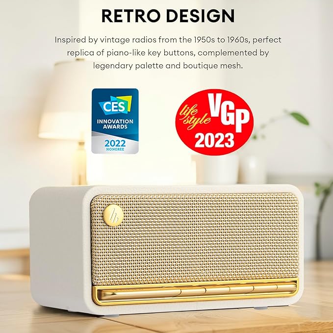 Edifier Retro Wood Bluetooth Speaker, Wireless Portable Speakers with 20W Stereo Sound, Vintage Decor Speaker with AUX,USB Soundcard Micro SD White