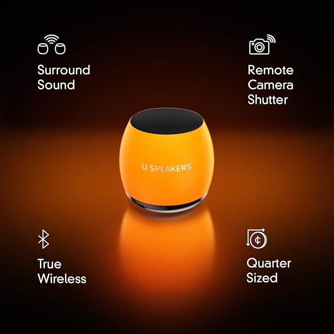 Fashionit U Micro - Small Bluetooth Speaker | Coin-Sized Speakers Bluetooth Wireless with Built-in Mic & Remote Shutter | Portable Rich Sound for Travel, Shower, Beach | Glow Yellow