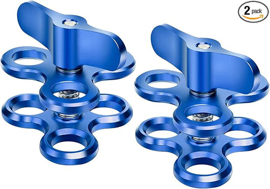 3-Hole 1" Aluminum Underwater Camera Clamp Ball Mount (2-Pack) - Underwater Bracket for Diving Light Arms & Camera Trays, Saltwater-Resistant Adapter for Scuba Photography/Videography Gear