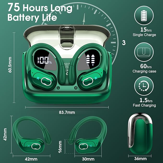 Wireless Earbuds 75hrs Bluetooth 5.4 Headphone Sport, 2025 Bluetooth Earbuds Stereo Deep Bass Over Ear Bud with Earhooks, ENC Noise Cancelling Mic, IPX7 Waterproof Earphone, Dark Green