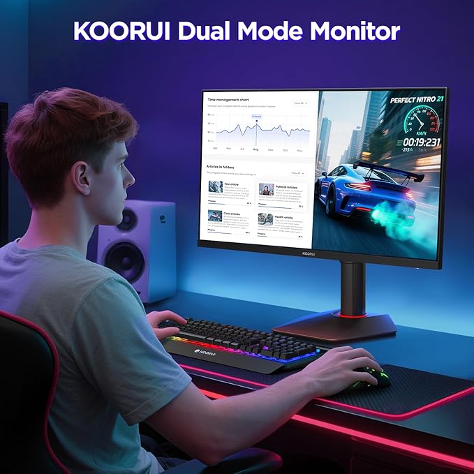 KOORUI 27 Inch Gaming Monitor, 3840 * 2160p Monitor, Dual Mode(UHD 160Hz / FHD 320Hz), IPS Panel, 95% DCI-P3, HDR400, Eye-Care, Height/Pivot/Tilt Adjustability, VESA Mountable，HDMI/DP, G2741L