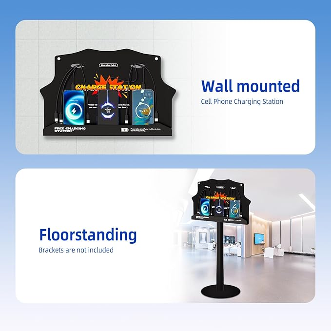 Wall Mounted Cell Phone Charging Station with 8-Port High-Speed Cables – Universal Dock for Apple, Type-C & Android Devices – Ideal for Airports, Hotels, Malls, Offices, Schools (Black)