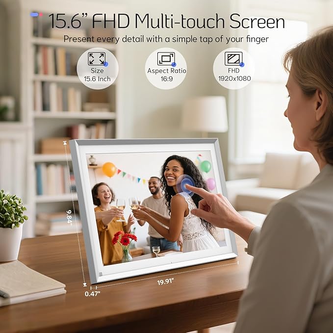 NexFoto 15.6 Inch Touchscreen Digital Picture Frame 64GB, FHD IPS WiFi Digital Photo Frame, Add Photos from Google Photos, Upload Videos via App/USB, Gifts for Newlywed, Wedding, Housewarming, Silver