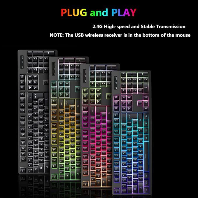 Wireless RGB Gaming Keyboard and Mouse - Rechargeable RGB Backlit,Long Battery Life,Mechanical Feel,7 Color Gaming Mouse for PC Game and Work