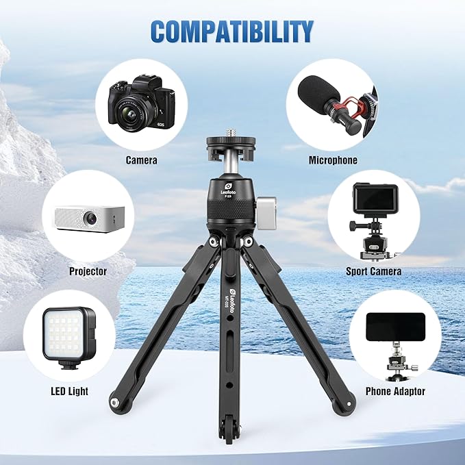 9.84" Aluminum Table Tripod with Ball Head for Camera, 360° Rotation Desktop Tripod with 1/4" Screw for Phone Adaptor/Projector/Sport Camera, Max Load 11lb