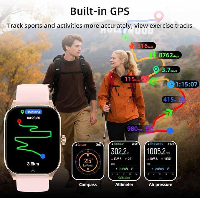 Smart Watch with AI (Built-in GPS), 1.96" HD Fitness Tracker for Men Women, 100+ Sports Modes, Call/Reply/Notification, 24/7 Heart Rate & Sleep Monitor, Waterproof Smartwatch for Android iPhone