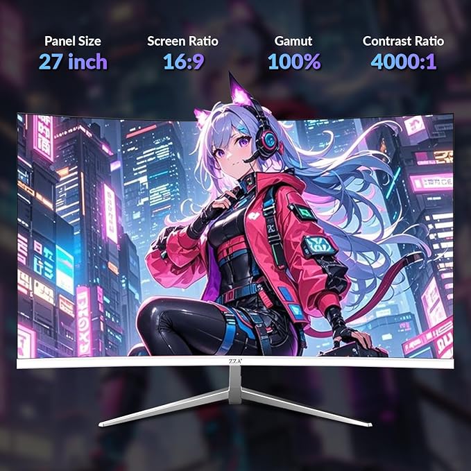 ZZA 27 inch White Gaming Monitor,300Hz Curved Monitor,Full HD 1080P White Computer Monitor,Eye-Care Display with HDMI,DP,FreeSync,Wall Mountable for Gaming and Office