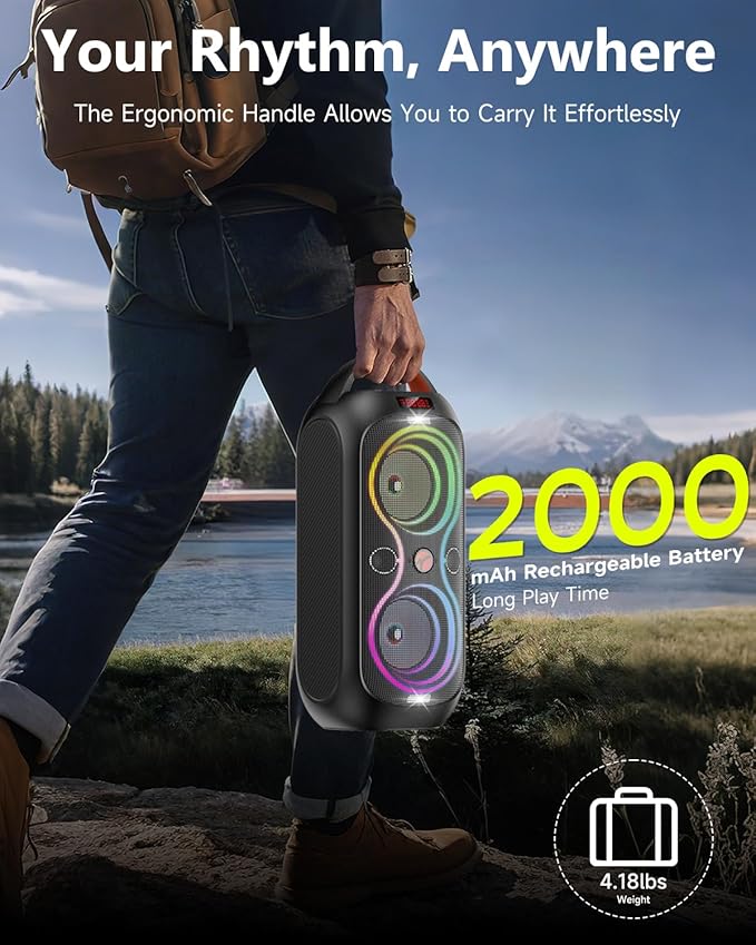 Portable Bluetooth Speaker 120dB Loud Sound, Wireless Big Party Speakers with RGB LED Lights, Dual 4" Speakers, FM Radio, USB, TF Card, AUX, Mic Input, TWS Pairing for Outdoor & Camping, Rechargeable