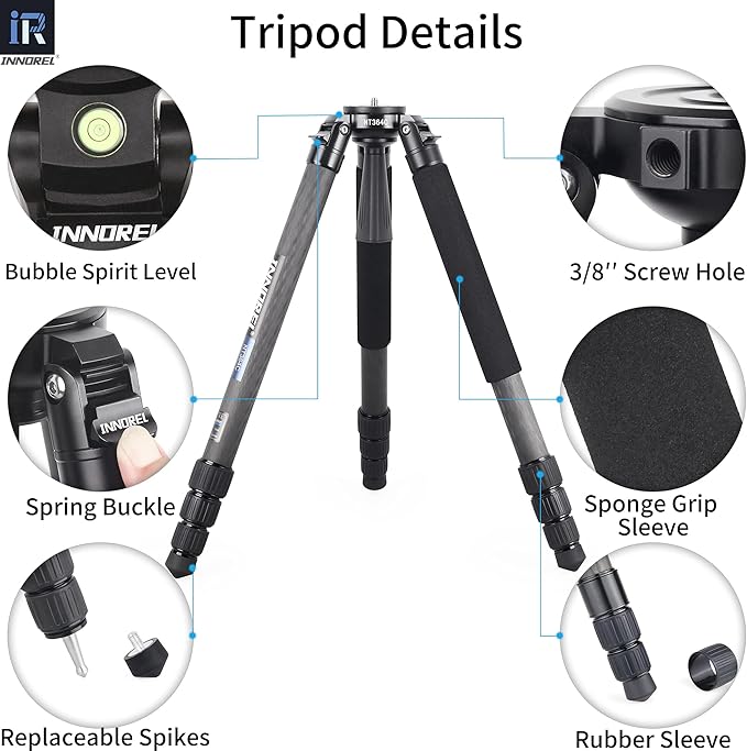 INNOREL NT364C Professional Carbon Fiber Tripod - Heavy Duty Camera Stand, 55lb/25kg Max Load, 75mm Bowl Adapter (Max Tube 36mm)