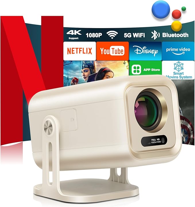 [1200 ANSI/Smart TV OS/Built-in APPs/Auto Focus&Keystone] 2025 Upgraded AI 4K Projector with WiFi and Bluetooth, Native1080P Outdoor Proyector with Netflix/YouTube/PrimeVideo, 270°Stand 300" Display