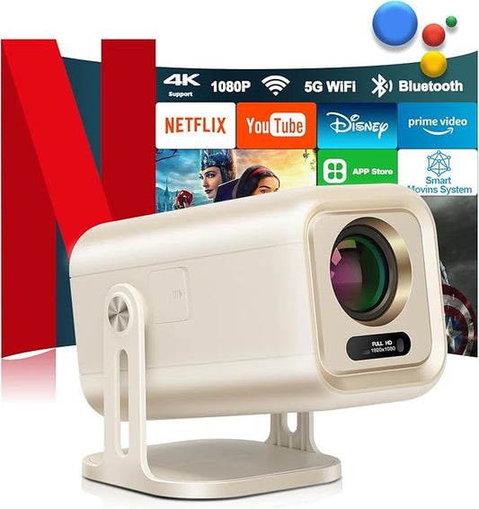 [1200 ANSI/Smart TV OS/Built-in APPs/Auto Focus&Keystone] 2025 Upgraded AI 4K Projector with WiFi and Bluetooth, Native1080P Outdoor Proyector with Netflix/YouTube/PrimeVideo, 270°Stand 300" Display
