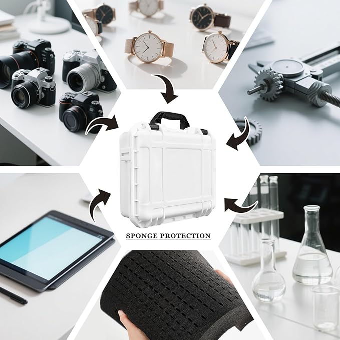 14.3 x 11.4 x 4.5 Inch Waterproof Hard Case with DIY Customizable Foam Insert Portable Protective Case with Knife for Camera Drones Equipments Tools Test Instruments (White)