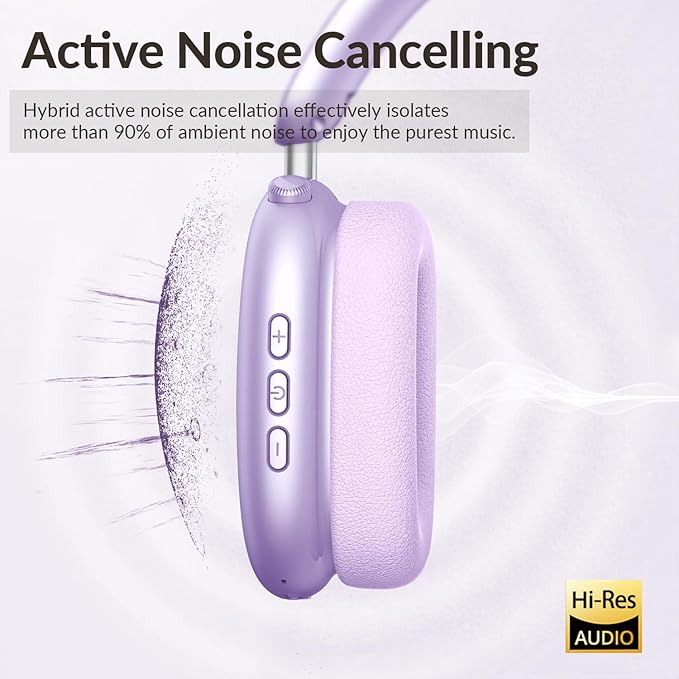 Y02 Active Noise Cancelling Headphones,60H Battery,5 EQ Music Modes,Hi-Res Audio,Deep Bass,Foldable Wireless Over Ear Bluetooth 5.4 Headset,Breathable Leather Earpads (Purple)