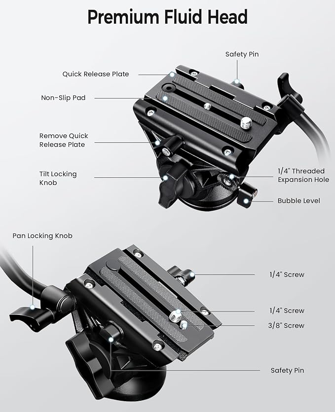 82" /210cm Professional Video Tripod, Heavy Duty Aluminum Alloy Camera Tripod Stand with 360° Fluid Drag Head, QR Plate Compatible with Canon Nikon Sony DSLR Camera Camcorder (Load 33Lb)