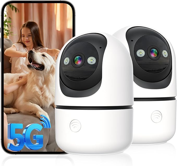 Security Cameras Indoor, 2K 5G&2.4Ghz WiFi Camera for Security Home with 911 Monitor Alert, 360 PTZ Baby/Pet/Dog Camera AI Search Motion Detection, Color Night Vision, Speaker, US Cloud Storage, 2Pack