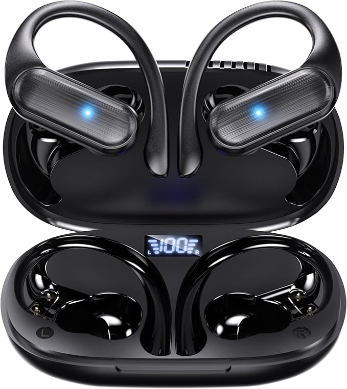 Wireless Earbuds,Bluetooth Headphones 80hrs Play Back Sport Earphones with LED Display Over-Ear Buds with Earhooks Built-in Mic IPX7 Waterproof Headset for Workout Grey -Black