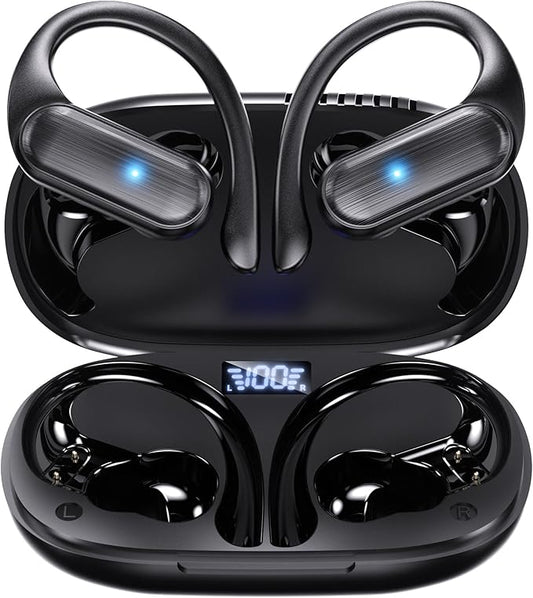 Wireless Earbuds,Bluetooth Headphones 80hrs Play Back Sport Earphones with LED Display Over-Ear Buds with Earhooks Built-in Mic IPX7 Waterproof Headset for Workout Grey -Black