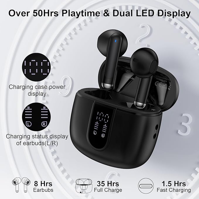 Wireless Earbuds Bluetooth Headphone for Samsung Galaxy S25 Ultra S24 S23 S22 S20 S10 A17 A36 A16 A15 60H Playback with Dual LED Display IPX7 Waterproof Sports in Ear Earphone for Pixel 10 9 8 7 Pro 6