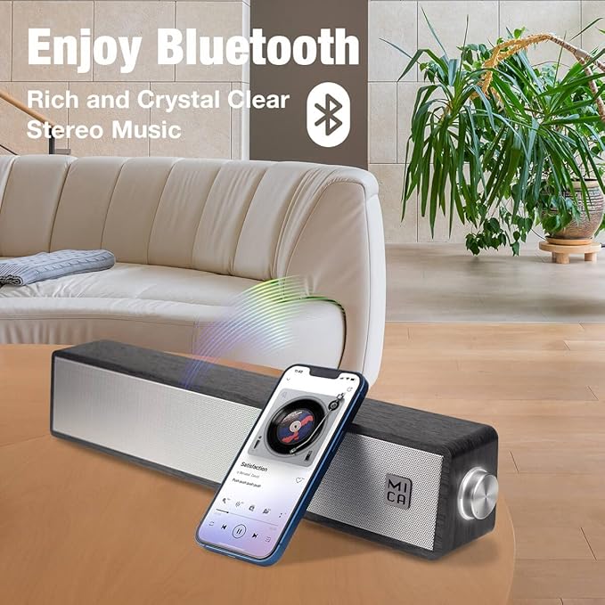 MICA Bluetooth Computer Speakers, Angled Wooden PC Speakers, 3.5mm Aux-in Connection, Wired USB Powered Computer Sound Bar for Desktop Monitor, Laptop, Tablet - Gray (M30T)