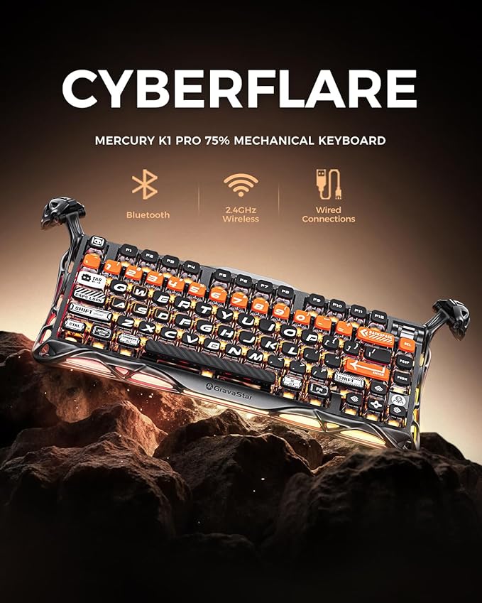 GravaStar Mercury K1 Pro Wireless Mechanical Gaming Keyboard, 75% Layout RGB Custom Keyboard, Aluminum Alloy Matte Black Frame with Phoenix-Inspired Keycaps, Hot-Swappable Linear Switches – CyberFlare