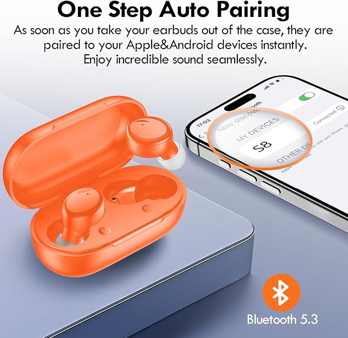 Lanteso True Wireless Bluetooth 5.3 Earbuds, 48H Playtime,Light Weight Headphones in Ear Buds Built in Mic Headset Premium Sound with Deep Bass,Clear Calls Earphones for Sports Workout Orange