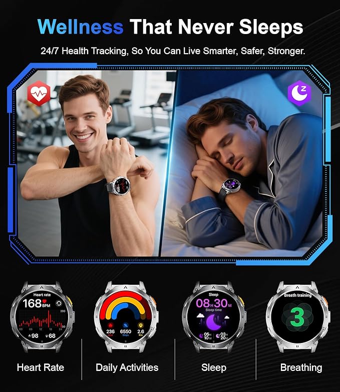 LIGE Smart Watches for Men with LED Flashlight/Call, 1,62'' HD AMOLED Screen 730mAh Military Smartwatches with 110+ Sports, 3ATM Fitness Tracker with 24/7 Heart Rate/Sleep for iOS Android, Silver