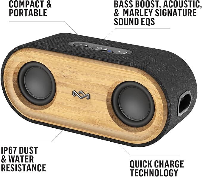 House of Marley Get Together 2 Mini: Portable Speaker with Wireless Bluetooth Connectivity, 15 Hours of Playtime and Sustainable Materials, Signature Black