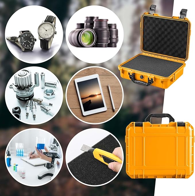 11.3 x 8.7 x 4.2 Inch Waterproof Hard Case with DIY Customizable Foam Insert Portable Protective Case with Knife for Camera Drones Equipments Tools Test Instruments (Yellow)