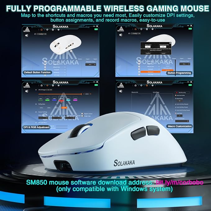SOLAKAKA SM850 Wireless Gaming Mouse, 24000 DPI, 55g Lightweight Mouse Gaming, 6 Programmable Buttons, Ergonomic Computer Mouse, Tri-Mode BT5.1/2.4G/USB-C 250h Battery Life PC Gamer Mice for Laptop