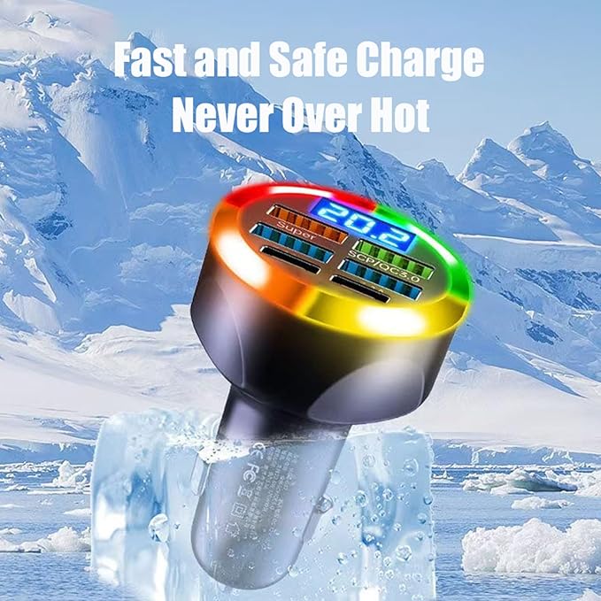 Super Fast Charge USB C Car Phone Charger Adapter 6 in 1 with Voltage Display 250W Multi Port Cigarette Lighter USB Charger with Volt Meter for iPhone 16 15 Pro Max 14 Plus 13 Samsung Android Phone