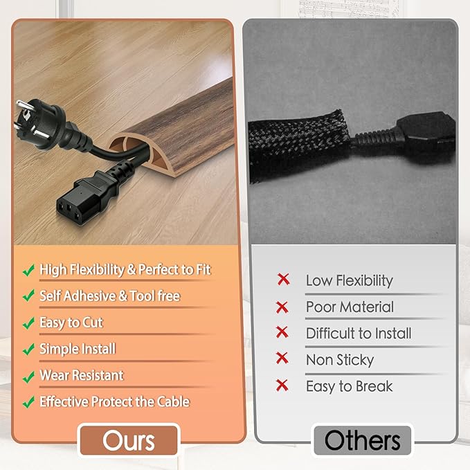 Floor Cord Cover for Wires on Floor Self Adhesive Cord Hider Floor Cable Management Wire Covers for Cords Protector Prevent Cable Trips Cord Cavity W 0.47" x H 0.27", Misty Brown Wood, 10Ft