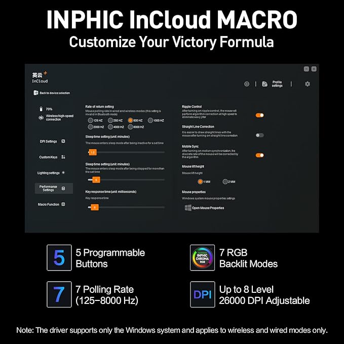 INPHIC IN10P Superlight Wireless Gaming Mouse, 60g, 8K Polling Rate, 26,000 DPI, Tri-Mode, PAW3395 Sensor, Fully Programmable