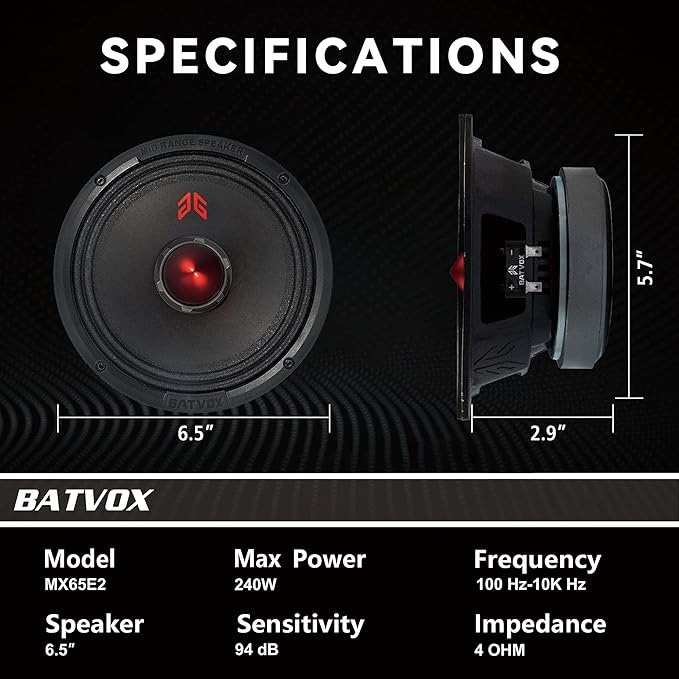 MX65E2 Midrange Loudspeaker 6.5" Red Bullet, 480W Max, 4 Ohms, Premium Quality Audio Door Speakers for Car or Truck Stereo Sound System, Black (2 Speaker)