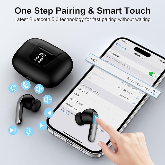 Wireless Earbuds Bluetooth 5.3 in Ear Headphone for Samsung Galaxy S25 Ultra S24 S23 S22 S20 A16 A15 60H Playback LED Power Display IPX7 Waterproof Sports in Ear Earphone with Mic for iPhone 17/16/15