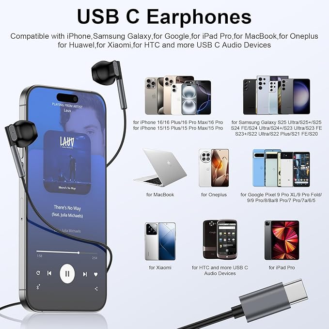 USB C Headphones Samsung Wired Earbuds for Android Samsung Galaxy A17 A36 A16 Z Fold/Flip7 S25 Ultra/Edge A56 A35 A54 S24FE S23Plus,Wired Type C Earphones with Microphone for iPhone 17 Pro Max 16 Plus