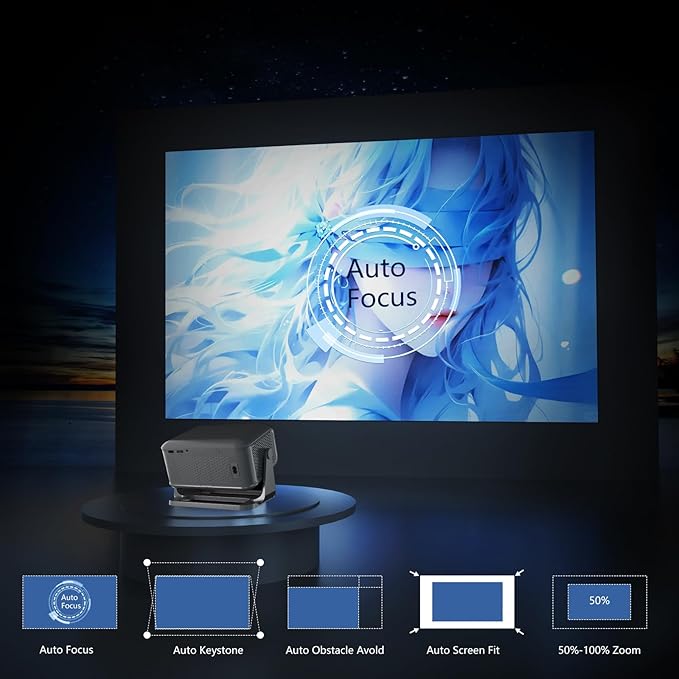 Video Projector with WiFi and Bluetooth, Netflix Officially & AI Auto Focus 800 ANSI Portable Outdoor Indoor Movies Projectors - Grey