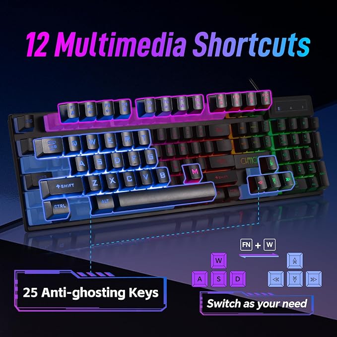 CHONCHOW Wired Gaming Keyboard, 104 Keys Full Size, with Anti-Ghosting and Multimedia Keys, LED Backlit Light Up Keyboard for PC Mac Laptop Desktop, Gaming or Office