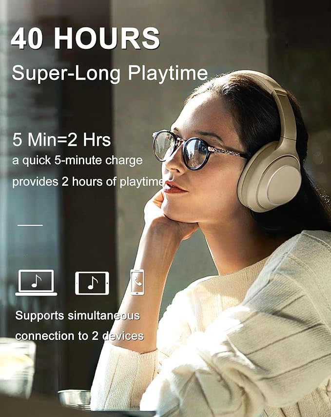 Wireless Bluetooth Headphones Over Ear, 40 Hours Playtime Wireless Headphones with Microphone,Foldable Light Weight Headset with HiFi Stereo Sound for Travel Work (Beige)