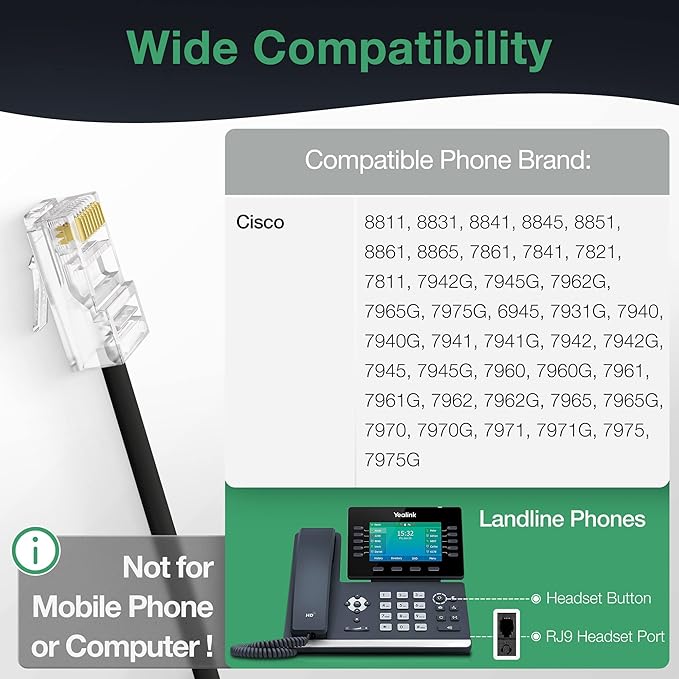 Yealink Phone Headsets for Office Phones YHS36 QD to RJ9 Wired Headset Compatible with Cisco Desk Phones 8800/7800/7900/6945 Series Landline Telephone Headset with Microphone -Mono/124g/2.1m Cable