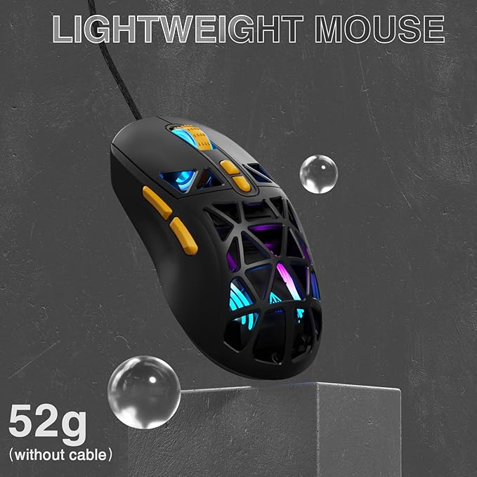 SM901 Gaming Mouse,13800DPI RGB Mouse with Programmable Buttons,53g Lightweight Wired Mouses for Gamer,Black