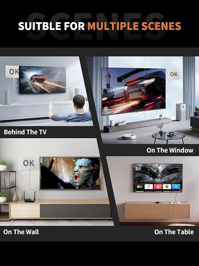 TV Antenna Indoor, 2025 Upgraded Amplified HD Digital TV Antenna for Smart and Older TV’s Up to 900 Miles, Digital HDTV Antenna Support 4K 1080p VHF UHF Local Channels (White)