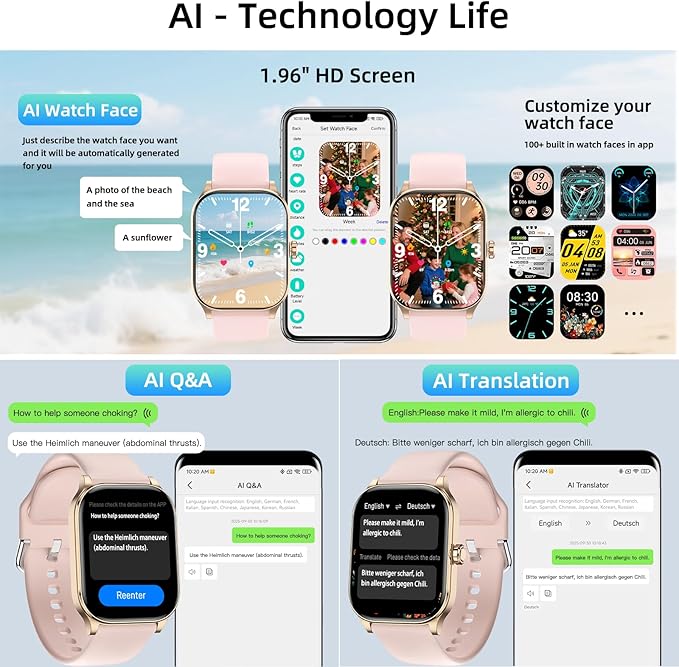 Smart Watch with AI (Built-in GPS), 1.96" HD Fitness Tracker for Men Women, 100+ Sports Modes, Call/Reply/Notification, 24/7 Heart Rate & Sleep Monitor, Waterproof Smartwatch for Android iPhone