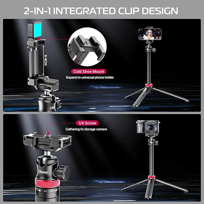 ULANZI MT-44 Extendable Phone Tripod, 59" Selfie Stick Vlog Stand with 2 in 1 Phone Clip, 360° Ball Head Camera Tripod for iPhone Sony DJI Osmo Nano Action Camera, Lightweight for Travel