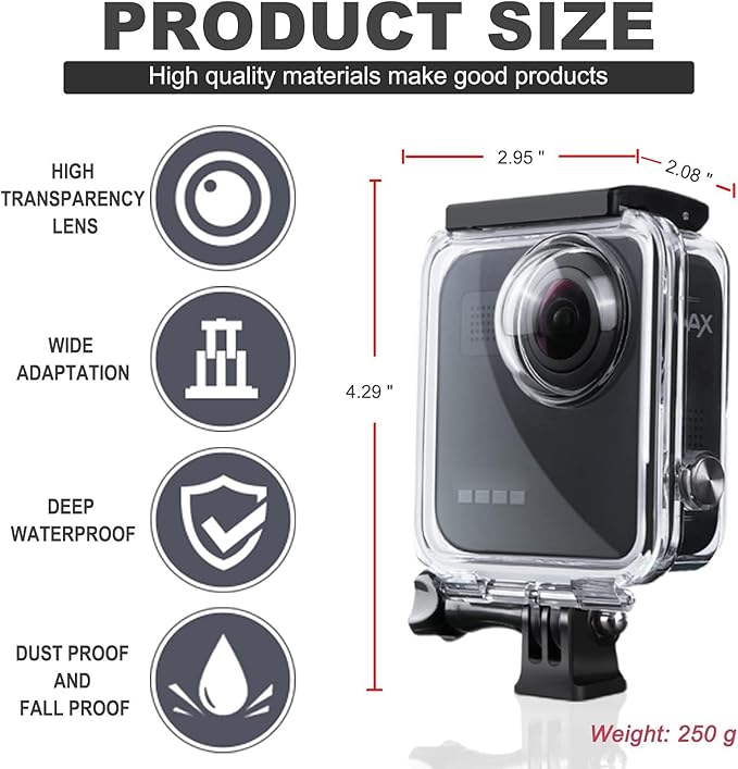 Waterproof Case for Gopro Max Action Camera, Underwater Diving Protective Housing 40M with Bracket Accessories