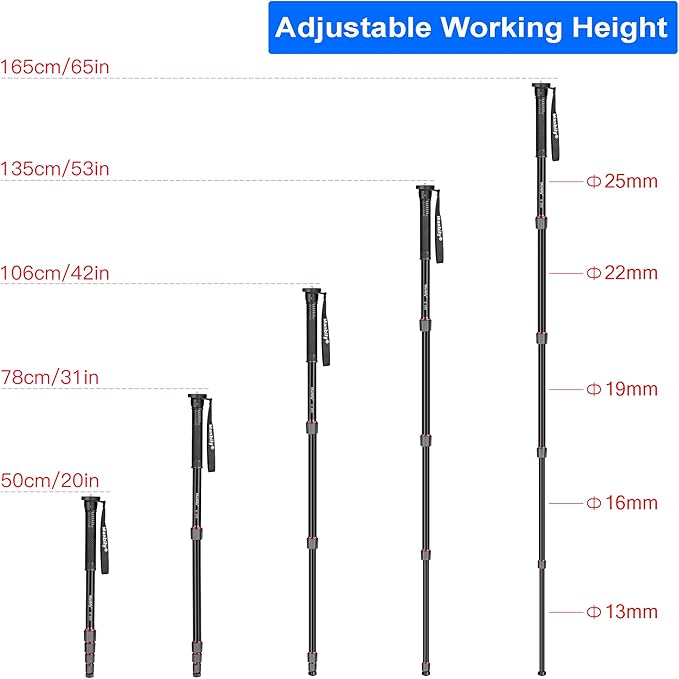 Manbily 65-Inch Camera Monopod, 5 Sections Aluminum Travel Monopod for Canon Nikon Sony DSLR Cameras Video Camcorder, Compact Portable Lightweight（E-222） (Red)